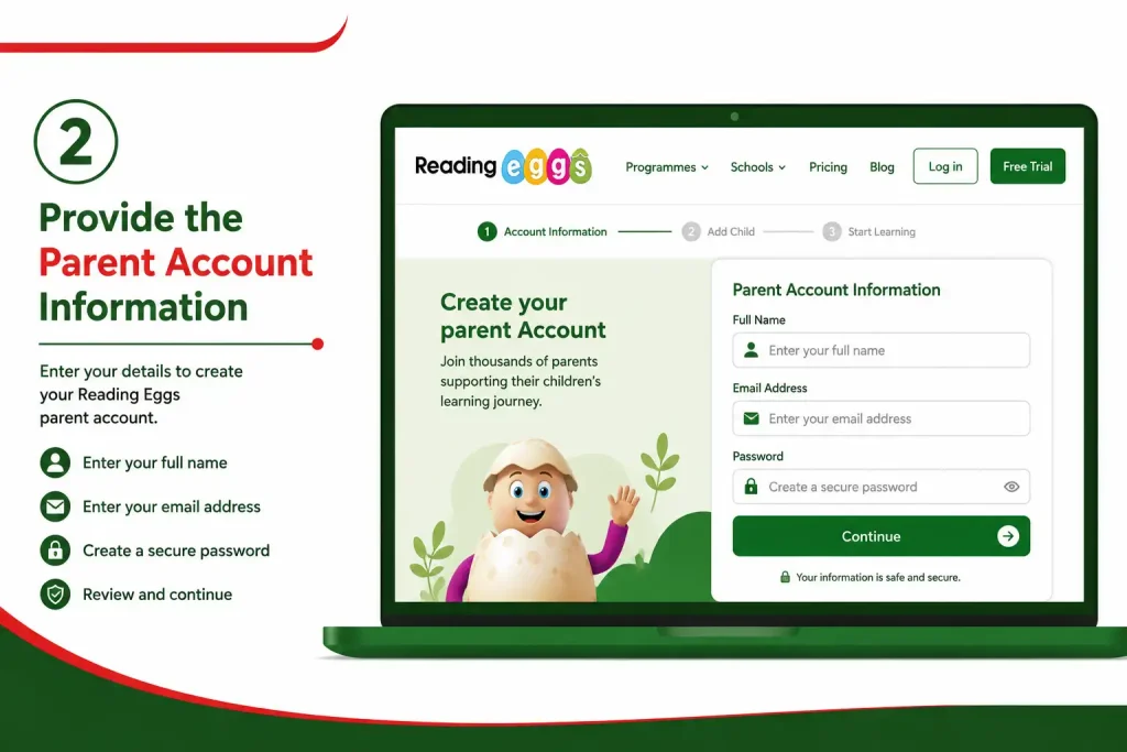 Reading Eggs parent account information setup with name, email and password fields