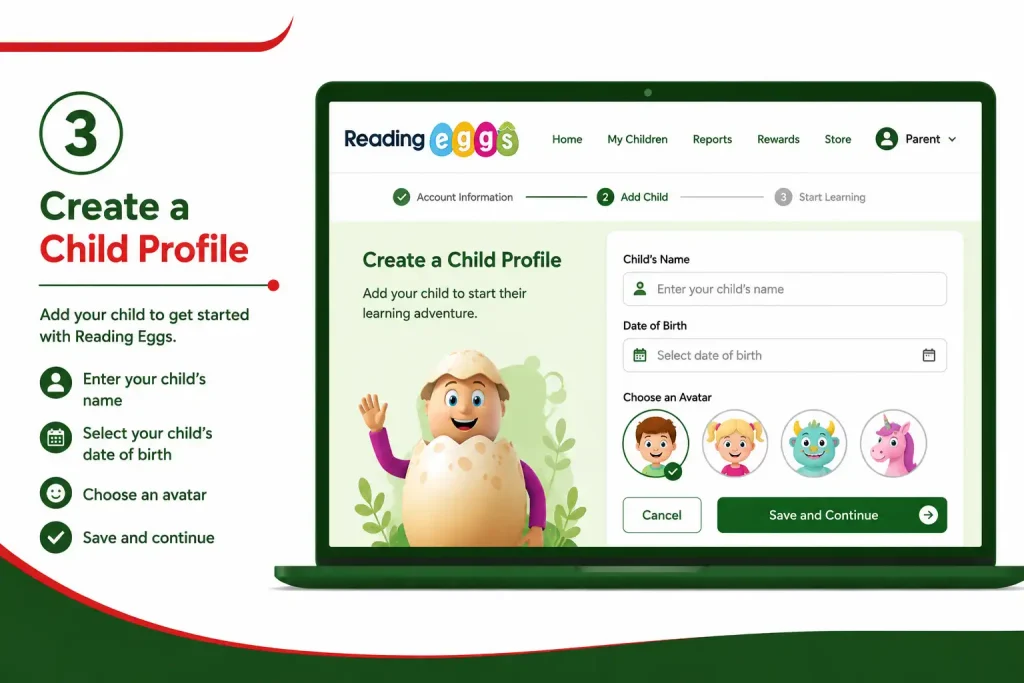 Reading Eggs child profile setup with child name, date of birth and avatar