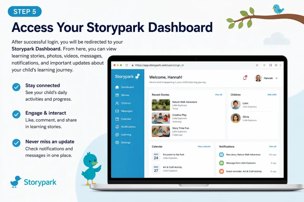 Storypark dashboard after successful login showing learning stories, messages, notifications, children's profiles, and classroom updates.