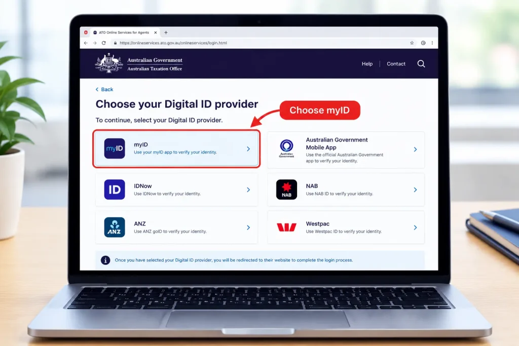 Choose myID Digital ID provider for ATO Online Services for Agents login