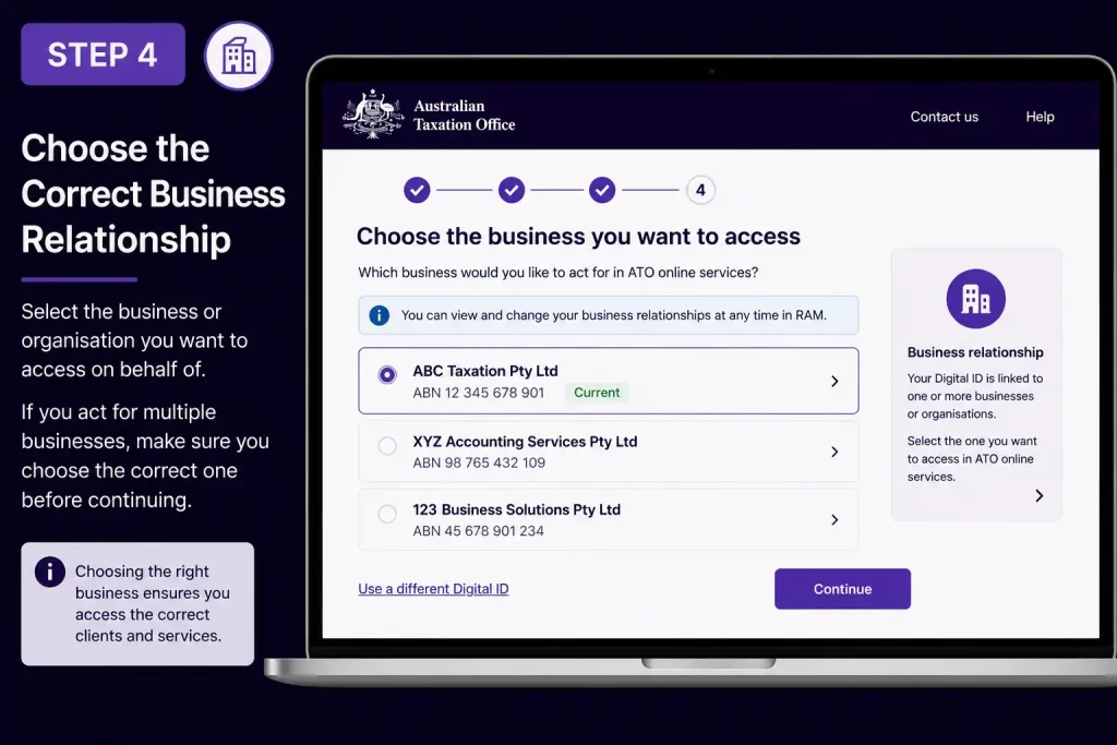 Step 4 choose the correct business relationship in the ATO Tax Agent Portal