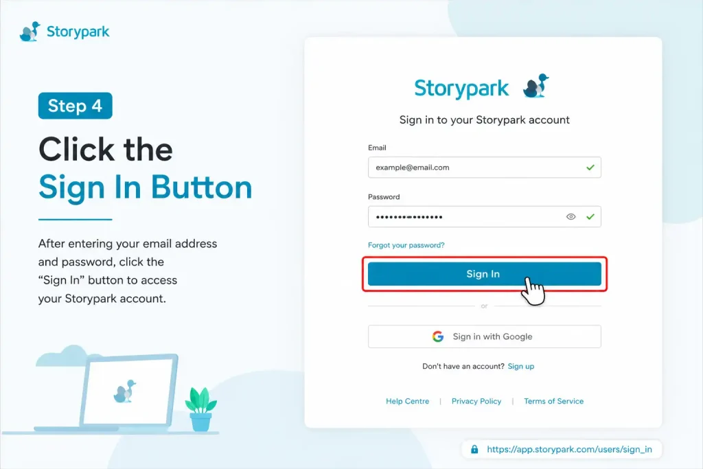 Storypark login page showing Step 4 where users click the Sign In button after entering their email address and password.