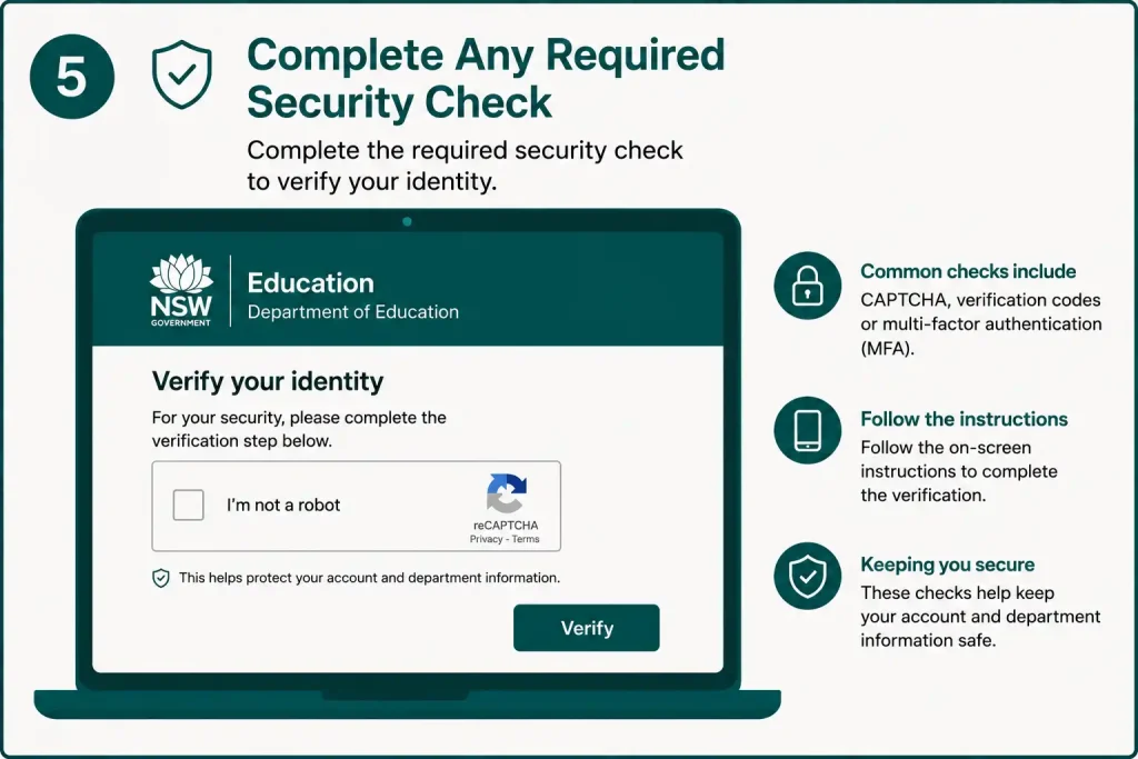 Complete the required security check to verify your identity during DET Portal login
