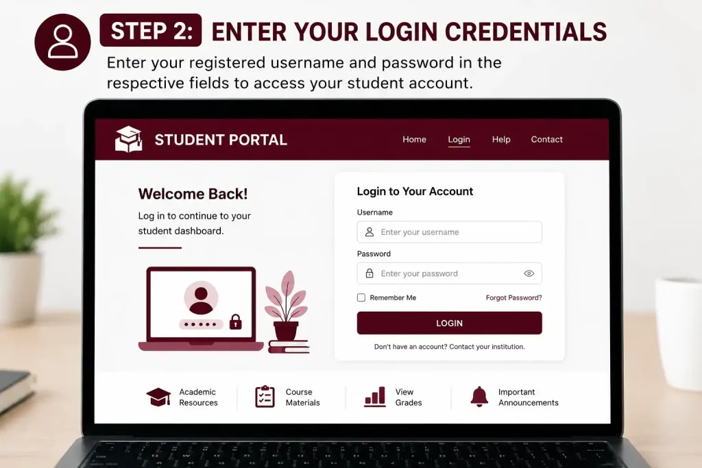 Student Portal login page showing username and password fields where students enter their login credentials to securely access their student dashboard.