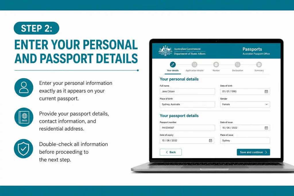 Step 2 enter personal and passport details for Australian passport renewal
