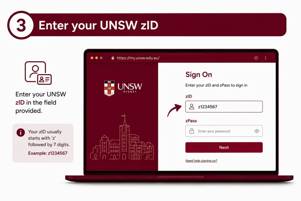 Enter your UNSW zID on the MyUNSW login page