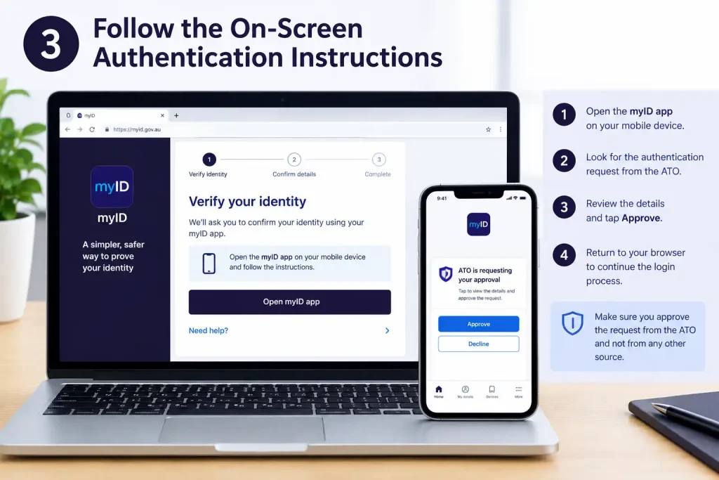 Follow on-screen myID authentication instructions for ATO tax agent portal login