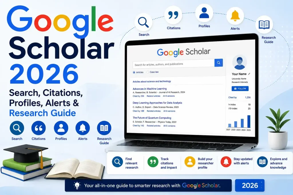 Google Scholar 2026 search, citations, profiles, alerts and research guide