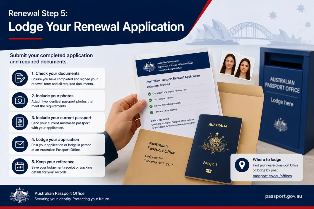 Lodge your Australian passport renewal application with the completed form, passport photos, and required documents.