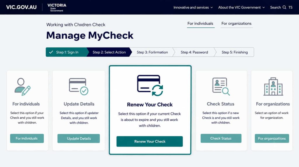 Manage MyCheck portal on the Victoria Government website showing the Working with Children Check renewal, update details, and check status options.