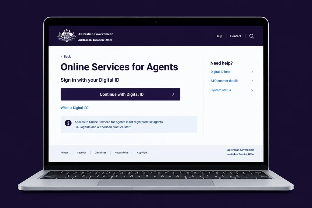 ATO tax agent portal login page for Online Services for Agents