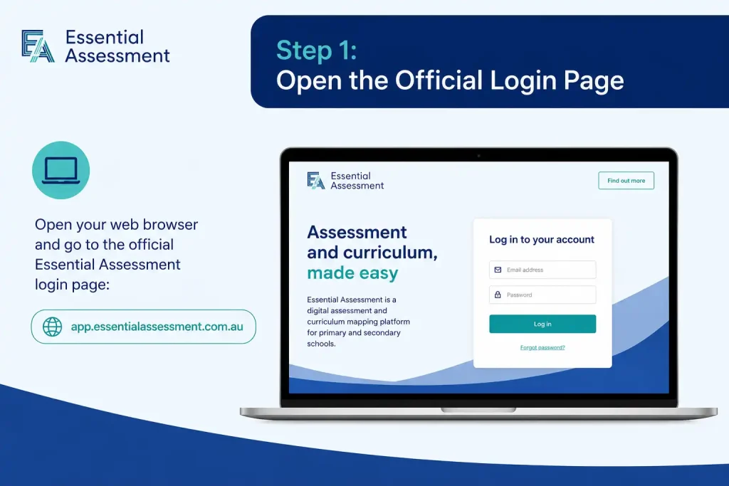 Essential Assessment official login page displayed on a laptop, showing the first step to securely access the student and teacher portal.