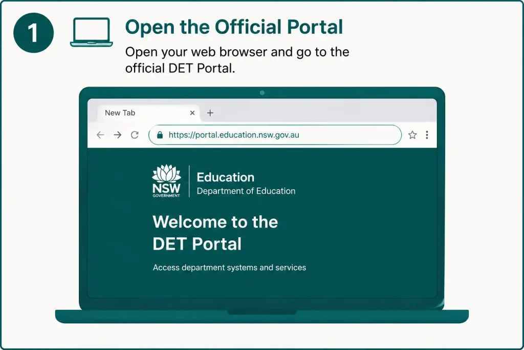 Open the official DET Portal in a web browser to access NSW Department of Education services