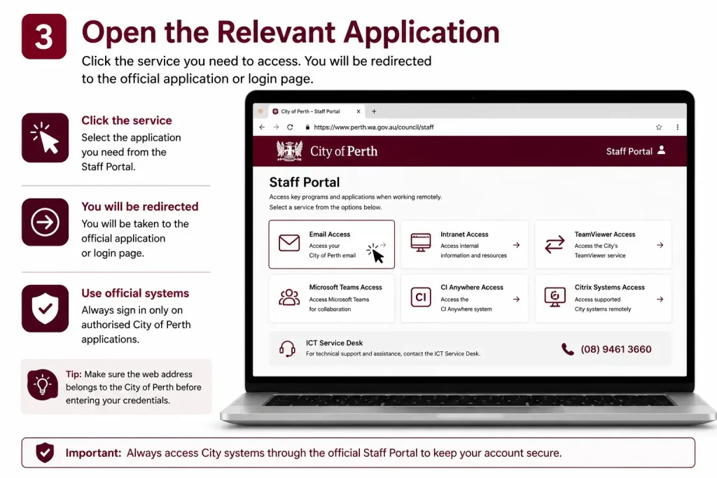 City of Perth Staff Portal showing how to open the relevant employee application