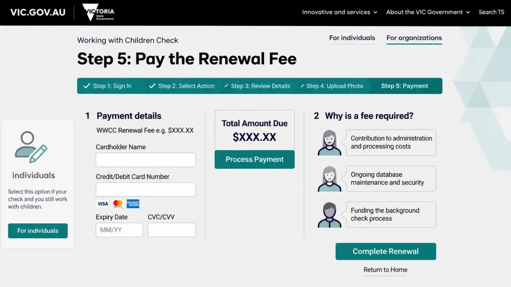 Working with Children Check (WWCC) Victoria online renewal payment page showing Step 5, payment details form, renewal fee amount, and complete renewal button.