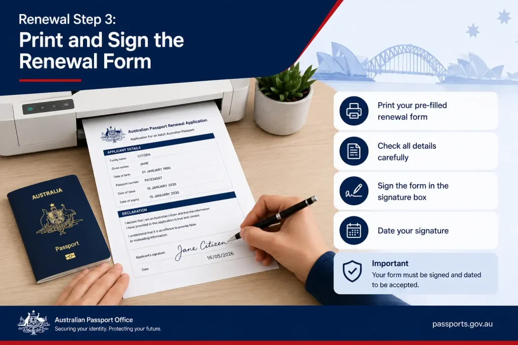 Print and sign the Australian passport renewal form before submitting your passport renewal application.