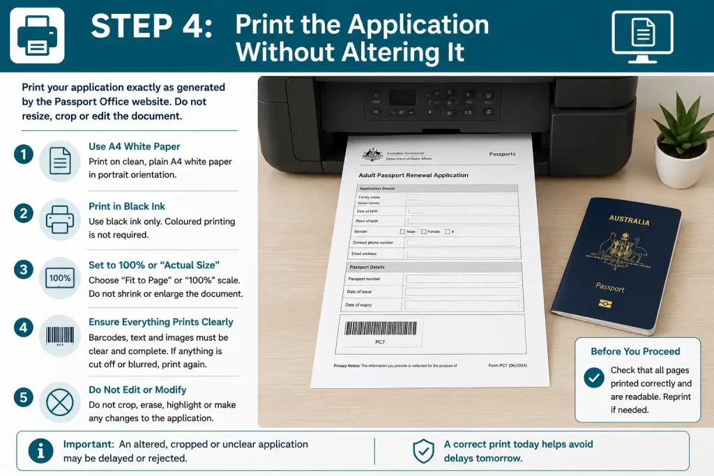 Australian passport renewal Step 4 showing how to print the application correctly on A4 paper