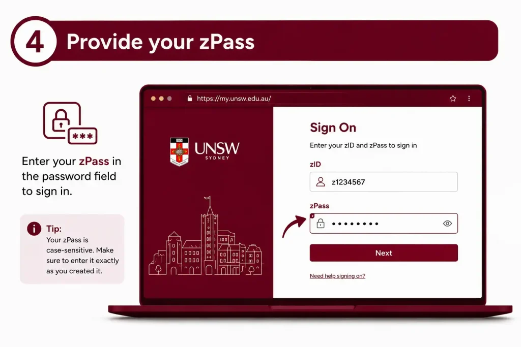 Enter your UNSW zPass in the MyUNSW login password field