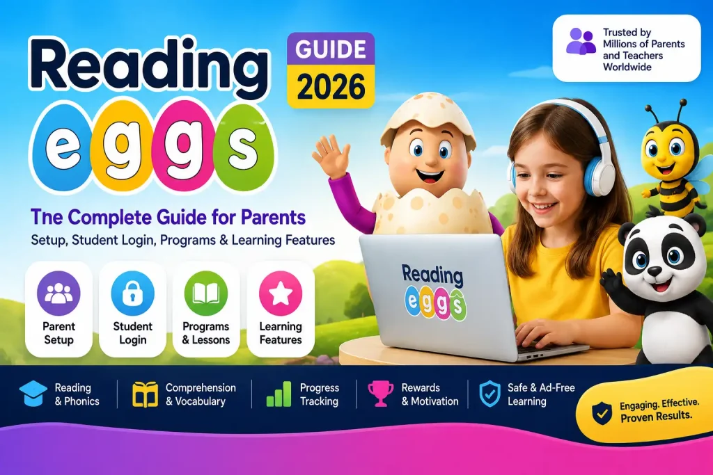 Reading Eggs Guide 2026 showing parent setup, student login, programs and learning features