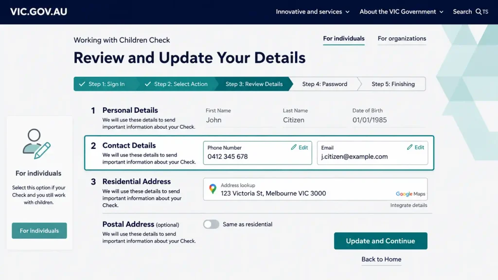 Review and Update Your Details page in the Victoria Working with Children Check (WWCC) online portal showing personal details, contact information, residential address, and update button.