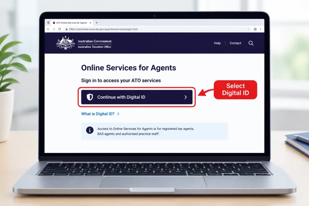 Select Digital ID button on the ATO Online Services for Agents login page
