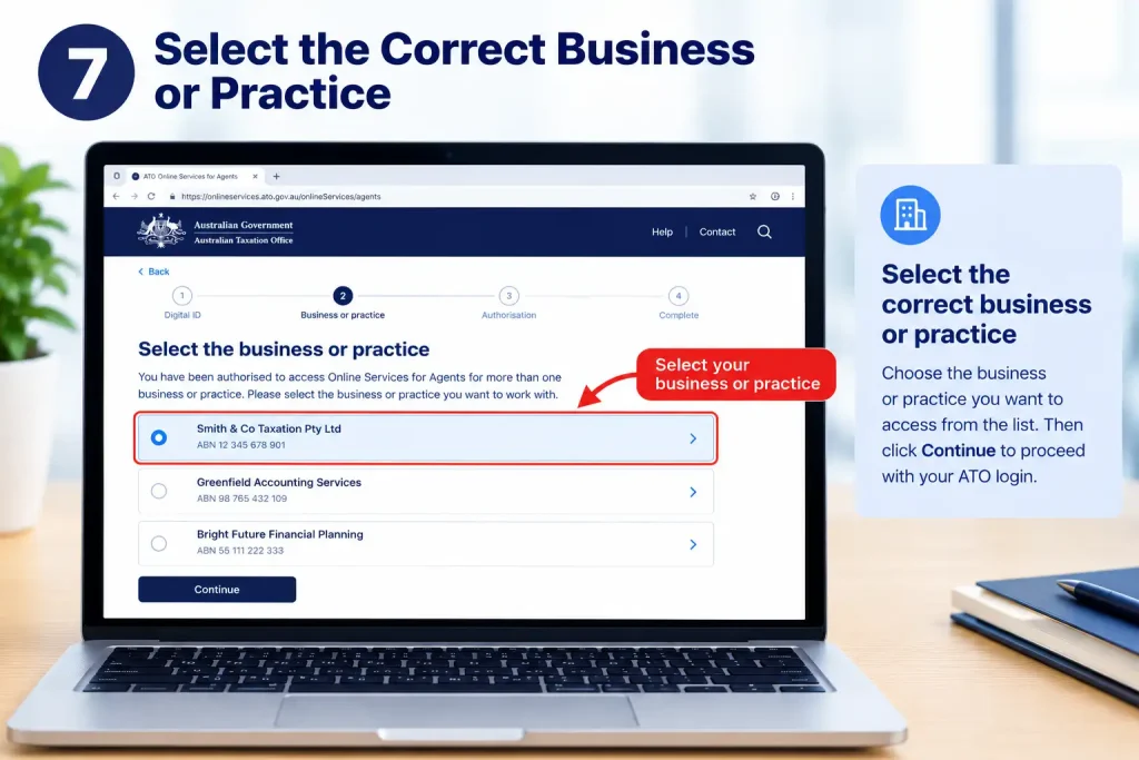Select the correct business or practice during ATO tax agent portal login