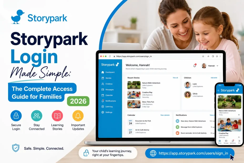 Storypark Login Made Simple feature image showing the official Storypark dashboard, mobile app, and family-friendly login guide for parents and educators in 2026.