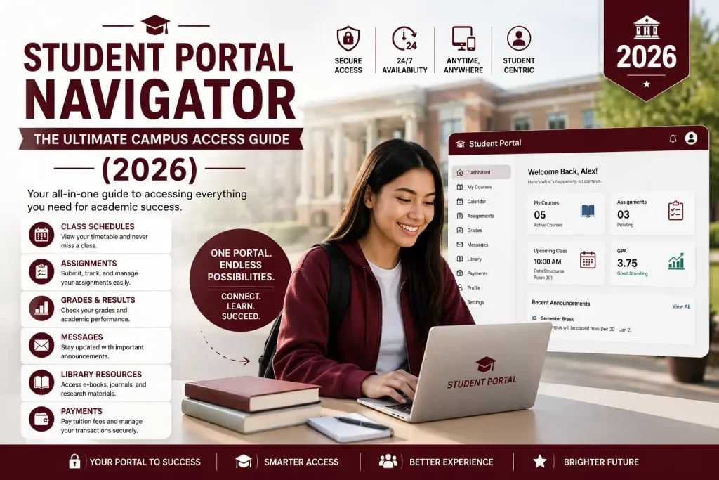 Student Portal Navigator feature image showing a university student using a laptop with an online student portal dashboard for courses, grades, assignments, schedules, and campus resources.