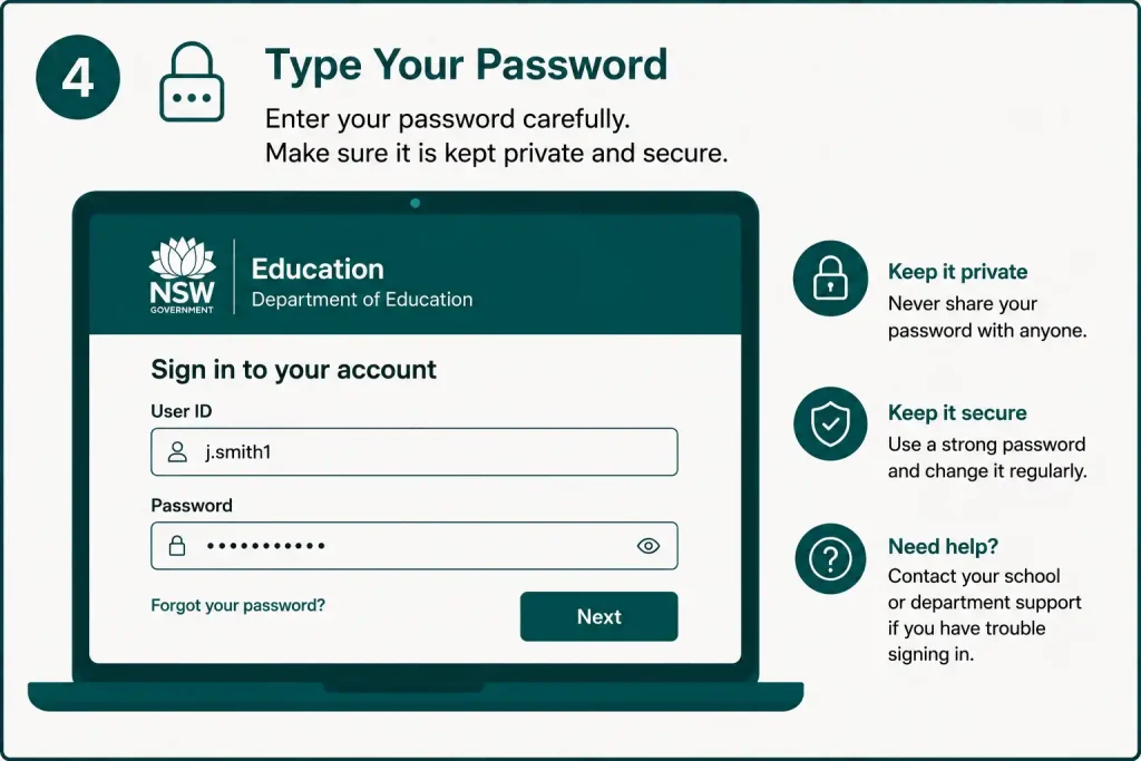 Enter your password securely to sign in to the NSW DET Portal