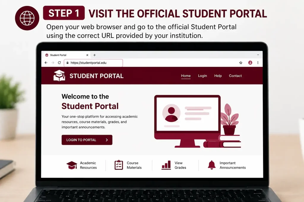 Student Portal login guide showing Step 1 to visit the official student portal website and access academic resources, grades, course materials, and announcements.