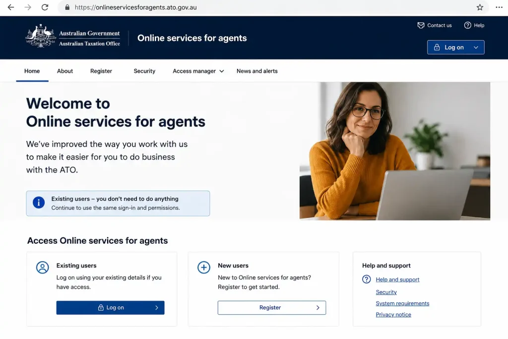 Official Online Services for Agents website homepage displayed in a desktop browser with the Australian Taxation Office branding and secure Log on button.