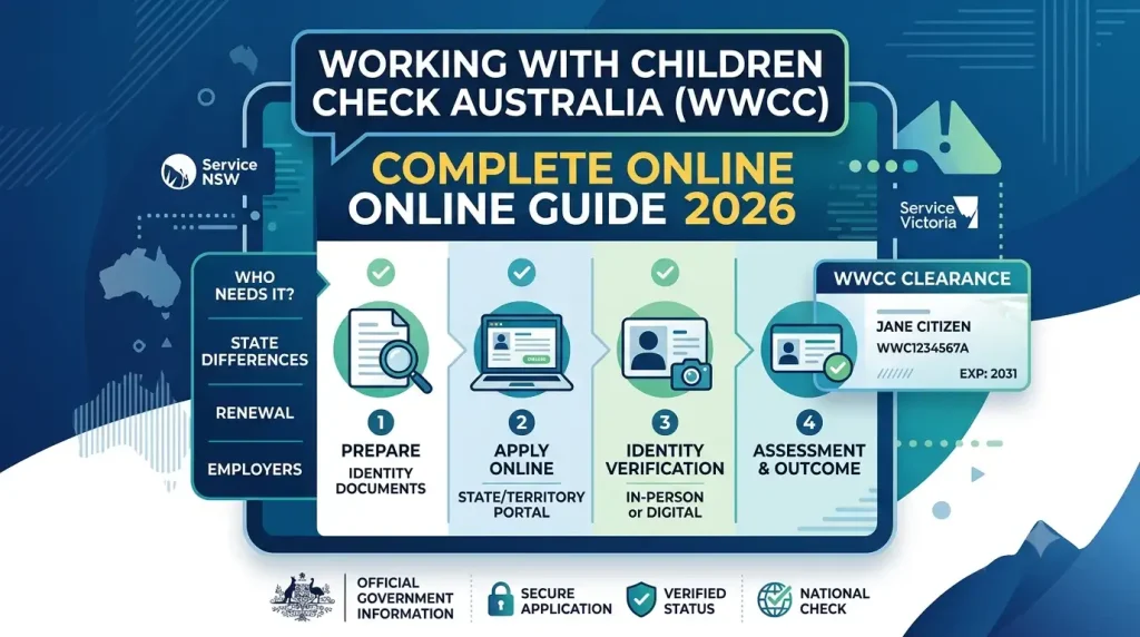 Working with Children Check Australia (WWCC) Complete Online Guide 2026 showing application steps, identity verification, assessment process, and state services.