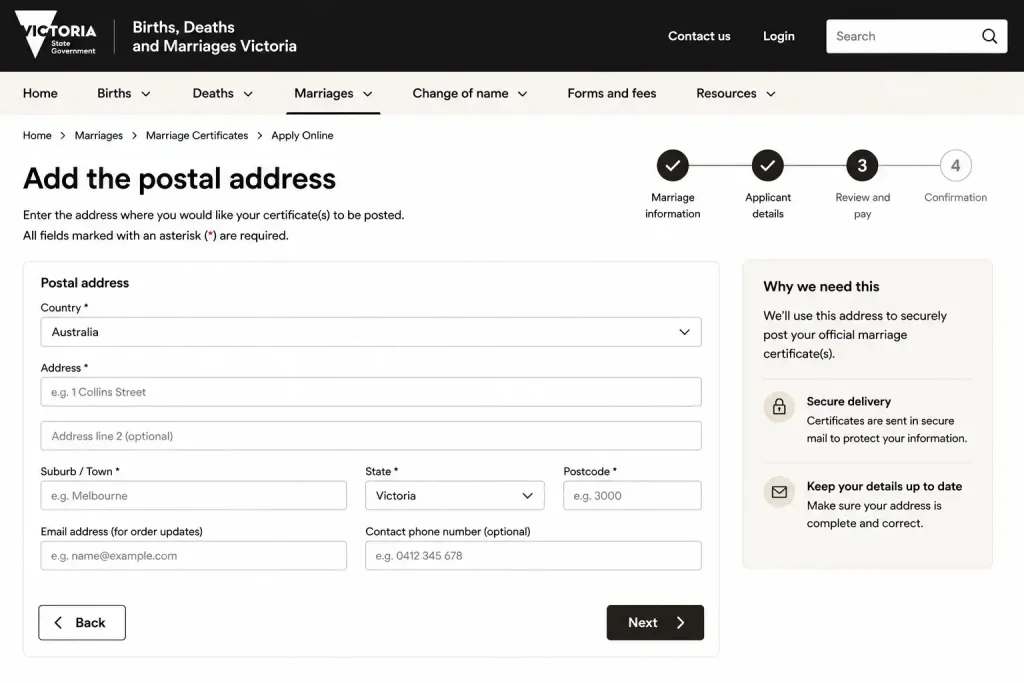 BDM Victoria marriage certificate application postal address form