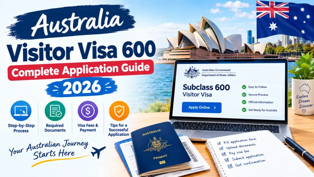Australia Visitor Visa 600 complete application guide for 2026 with application steps, documents, fees, and submission process.
