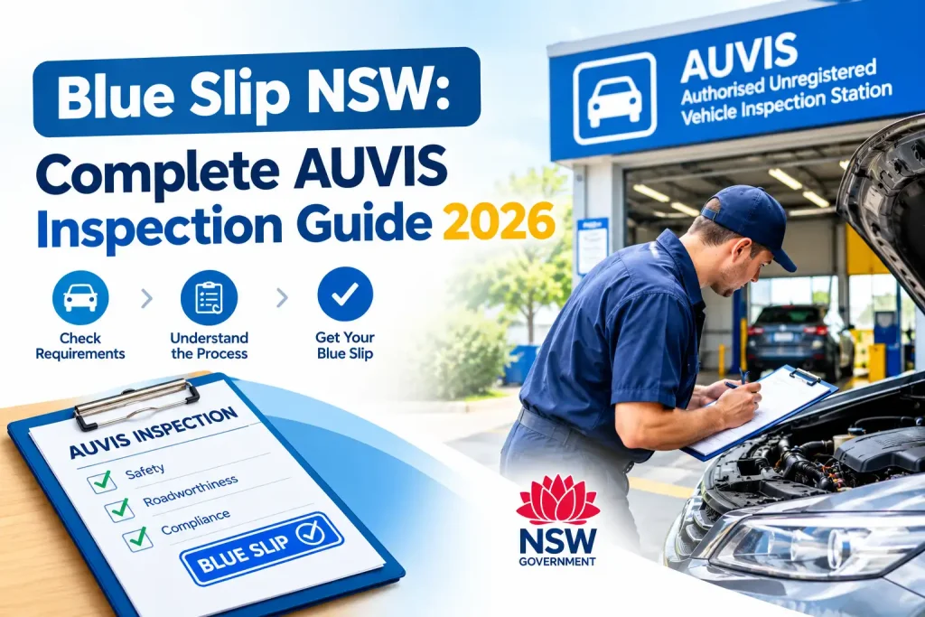 Blue Slip NSW AUVIS inspection guide showing a vehicle inspection and checklist