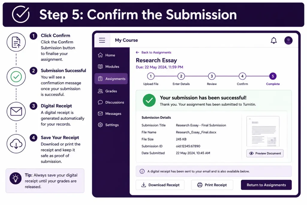 Turnitin login Step 5 showing how to confirm an assignment submission
