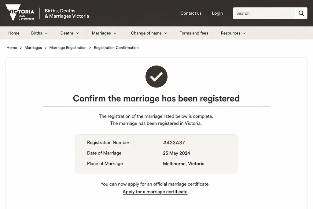 Confirm the marriage has been registered on the Births, Deaths and Marriages Victoria website