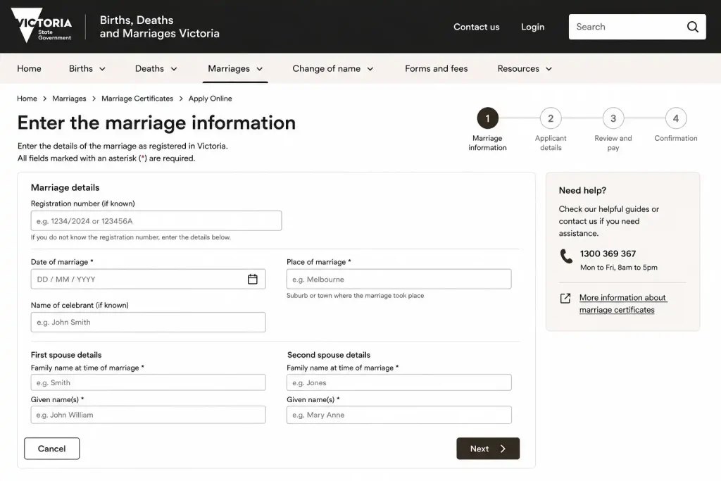 BDM Victoria online form for entering marriage information