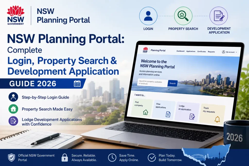 NSW Planning Portal 2026 guide showing login, account registration, verification and planning dashboard steps