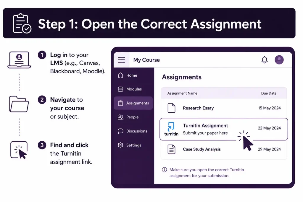 Turnitin login Step 1 showing how to open the correct assignment
