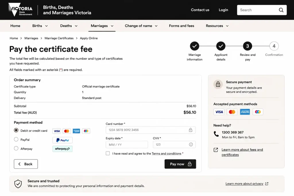 BDM Victoria marriage certificate application payment page