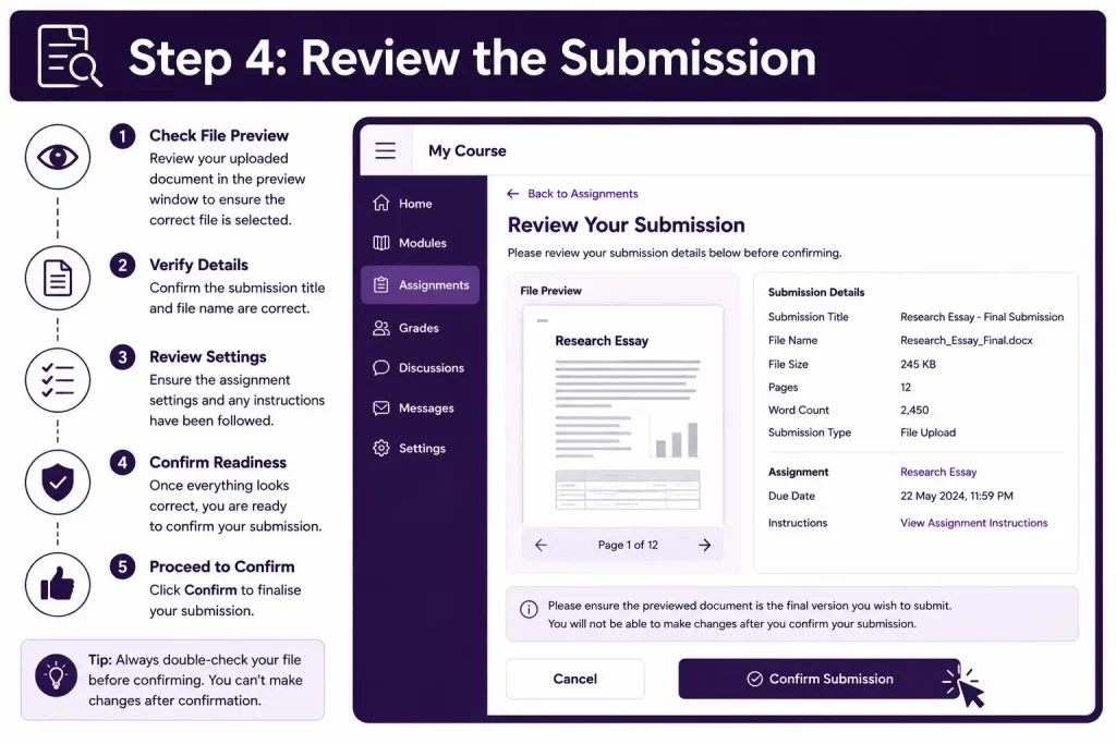Turnitin login Step 4 showing how to review an assignment submission