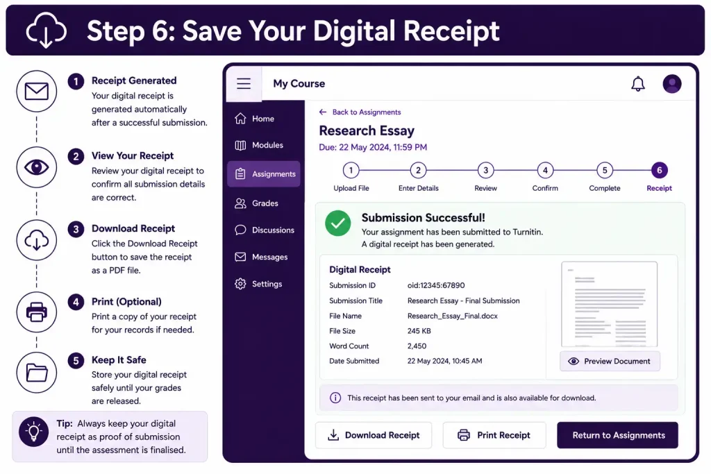 Turnitin login Step 6 showing how to save a digital receipt