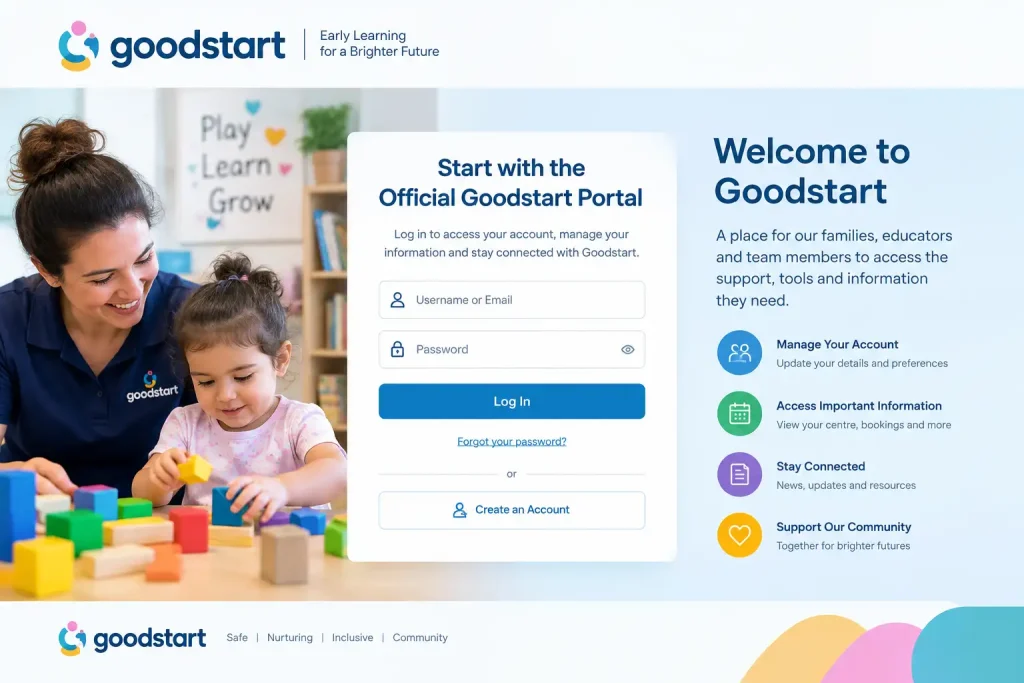 Official Goodstart Portal login page for accessing a Goodstart account