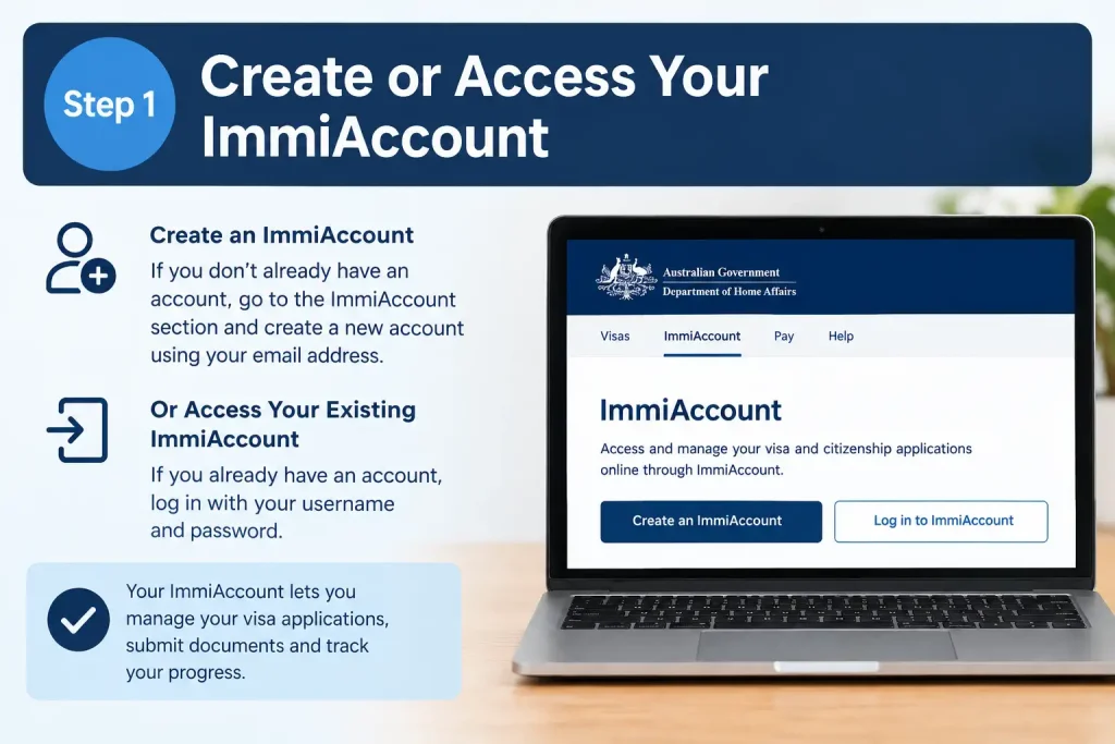 Step 1 of the Australian Visitor Visa application process showing how to create or access an ImmiAccount.