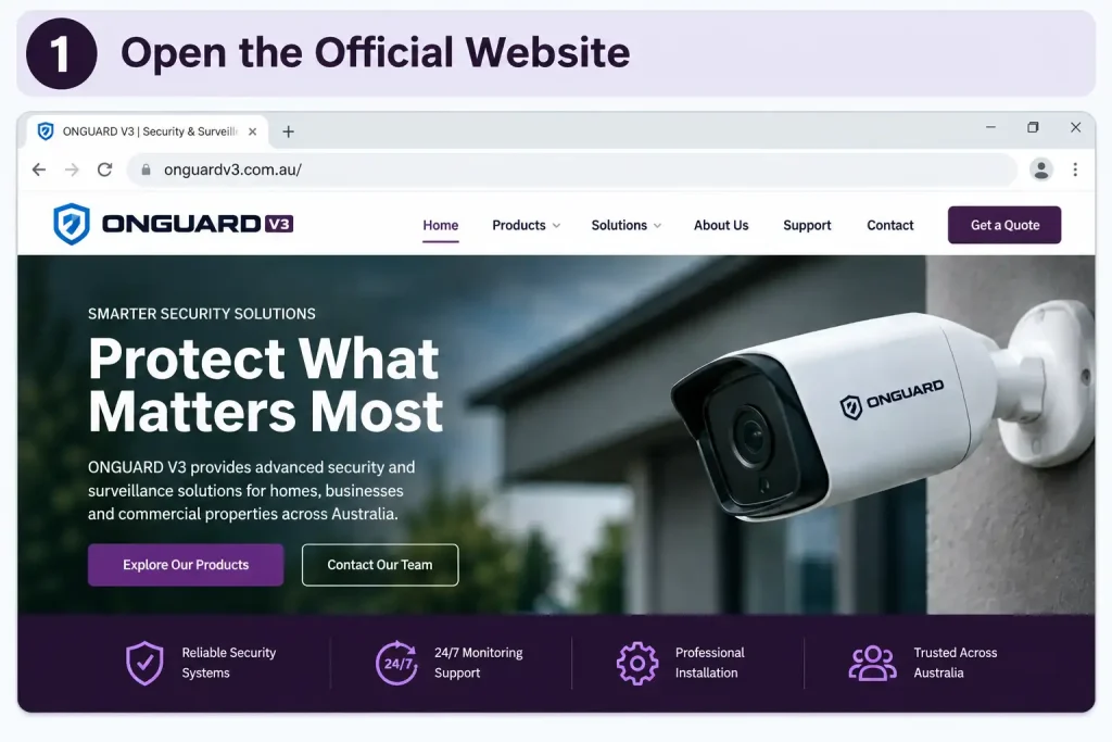 Onguard V3 official website homepage showing security and surveillance solutions
