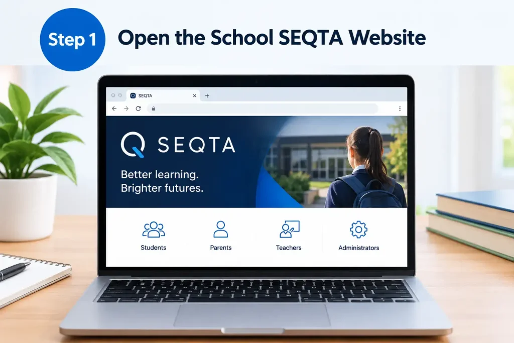 Step 1 showing how to open the School SEQTA website on a laptop