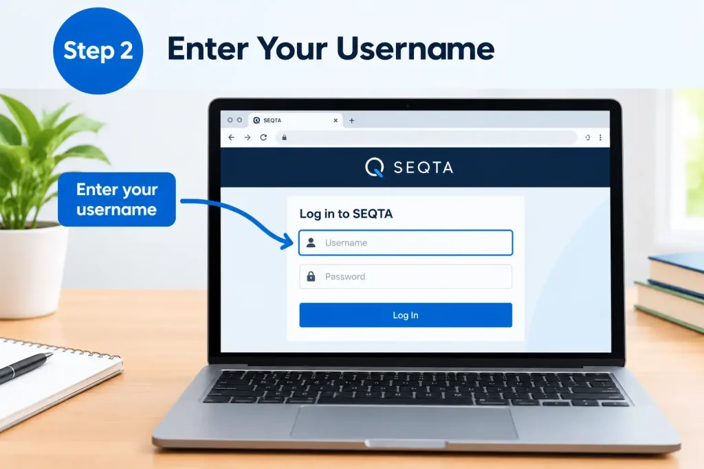 Step 2 showing where to enter your username on the School SEQTA login page