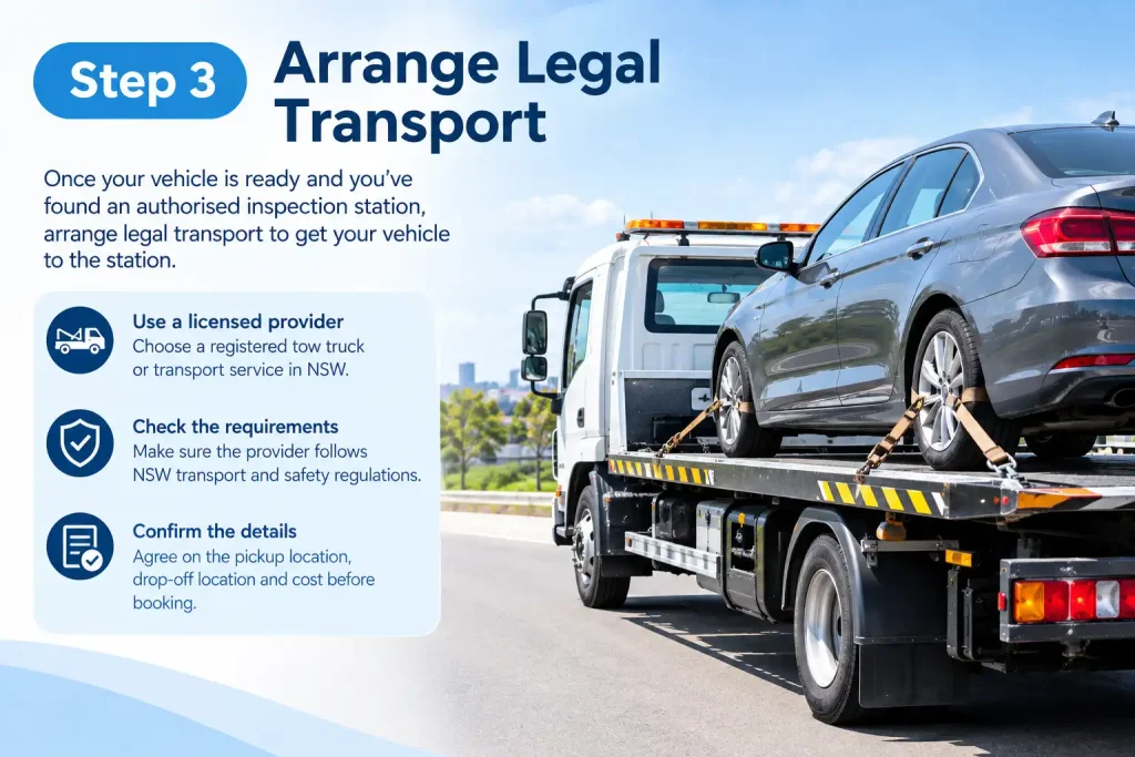 Tow truck transporting an unregistered vehicle to an authorised inspection station