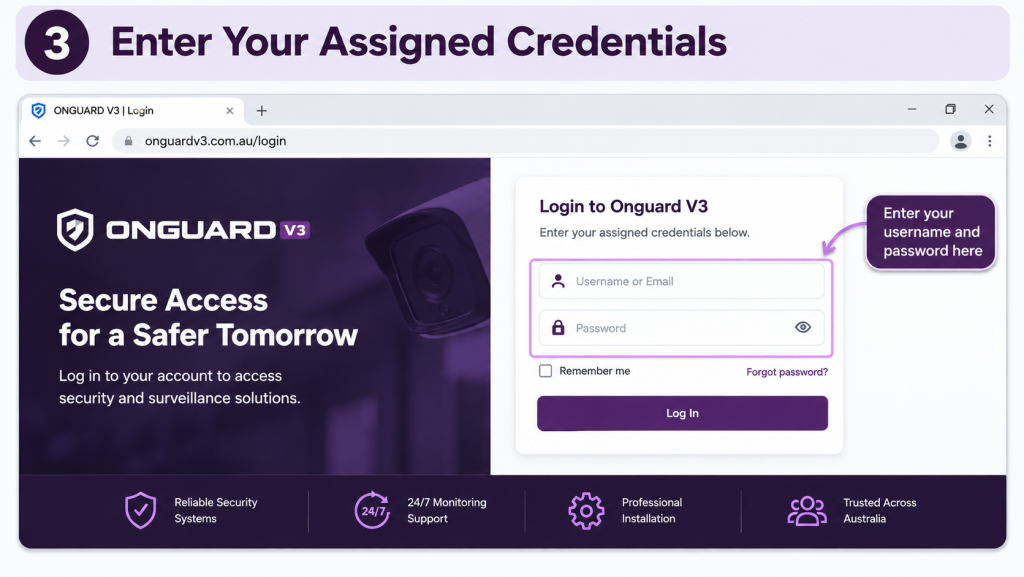 Onguard V3 Step 3 showing how to enter assigned username and password credentials